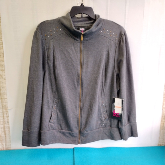Gloria Vanderbilt Women's Studded Sweatshirt Jacket Full Zip Gray 2X - Picture 1 of 13